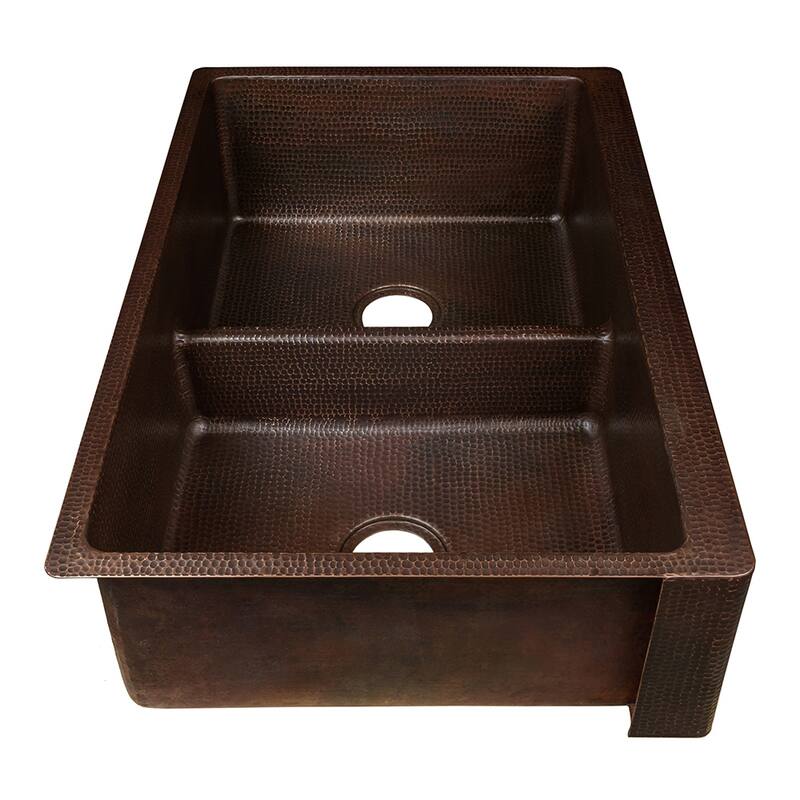 33-in Hammered Copper Kitchen Apron 50/50 Double Basin Sink with Short 5-in Divider w/ Accessories (KSP3_KA50DB33229-SD5)