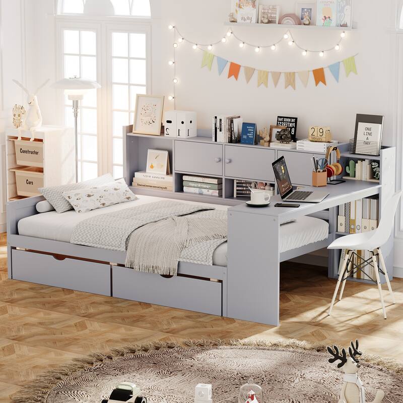 L-Shape Full Size Daybed with Storage, Study Desk & Bookshelf - Multi-Functional Gray Wooden Bed