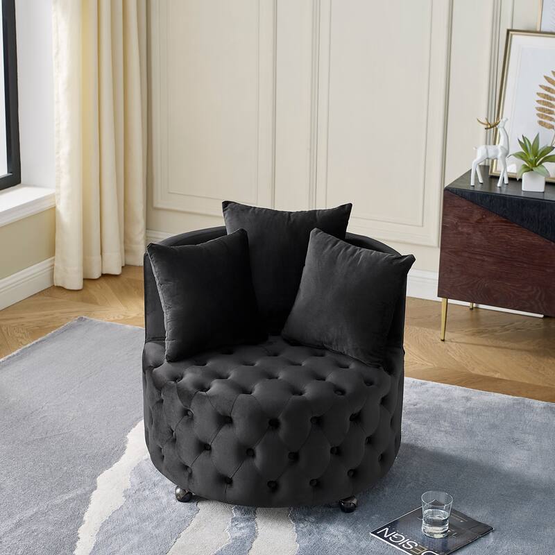 Roomfitters Velvet Swivel Chair with Tufted Button Design, Round Accent Chair with 3 Pillows and Wheels, Lounge Seating