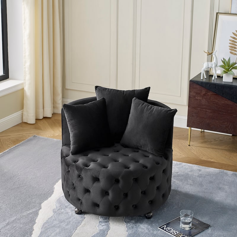 Velvet Upholstered Chairs Movable Wheels Swivel Chairs for Living Room Accent Chairs with 3 Pillows, Button Tufted Barrel Chairs - Black