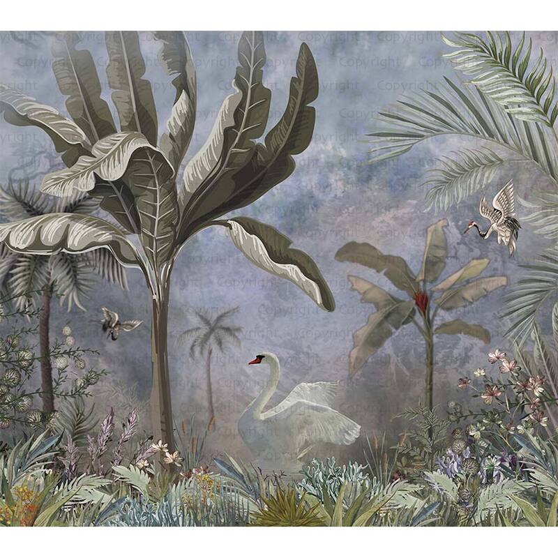 Swan and Palm Scenic Wallpaper Mural