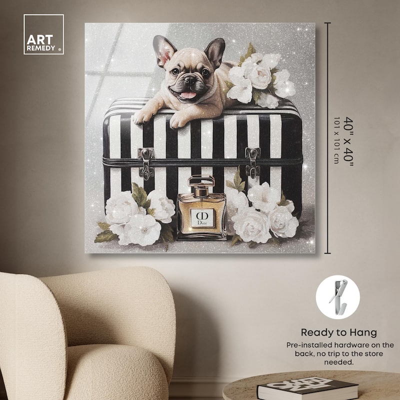 Frenchie Luggage Flowers Acrylic by Art Remedy, Ready to Hang