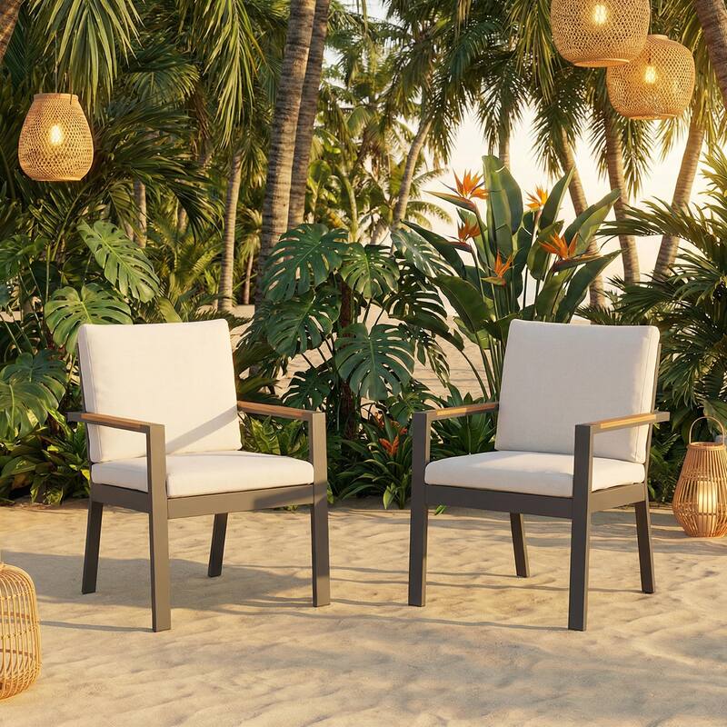 Outdoor Aluminum Dining Chair, Rust-Proof Patio Dining Chairs with Removable Cushions & Faux Wood Armrests