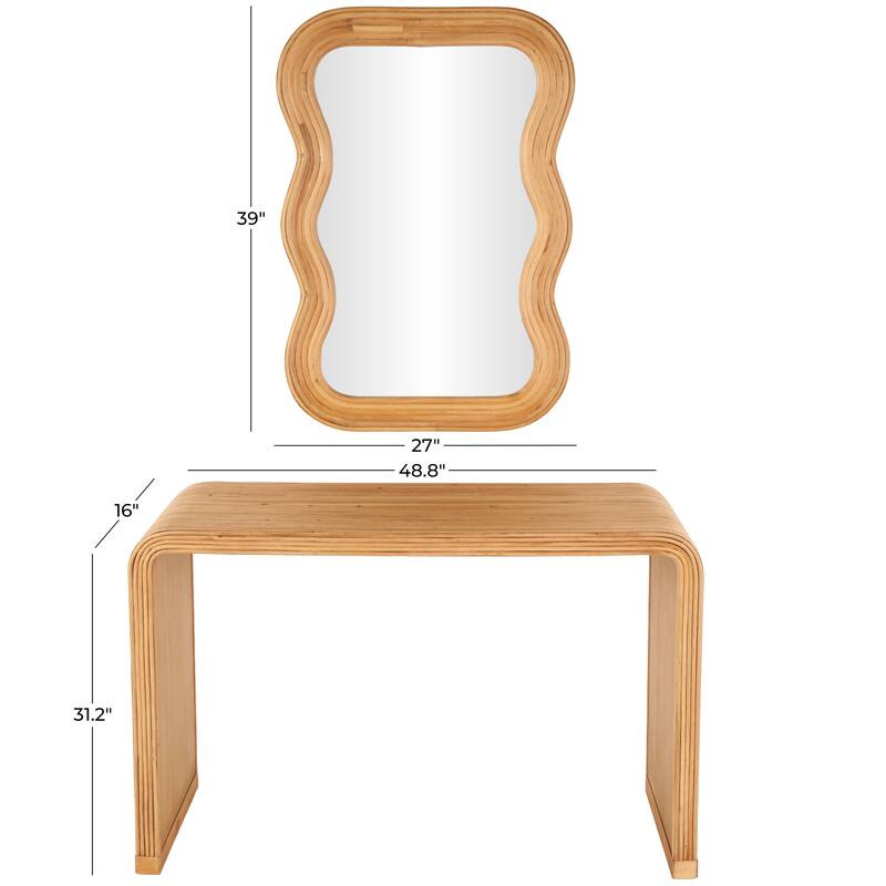Brown Wood Handmade Ribbed Living Room Console Table with Mirror (Set of 2)
