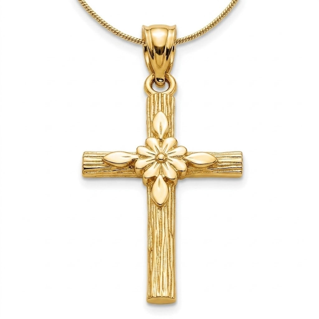 Curata 10k or 14k Yellow Gold 18" Textured Cross With Flower Center Necklace - 14mmx22.5mm