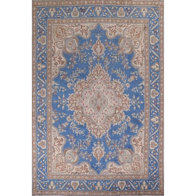 Blue Tabriz Vintage Persian Area Rug Handmade Floral Wool Carpet - 9'9" x 12'11"
