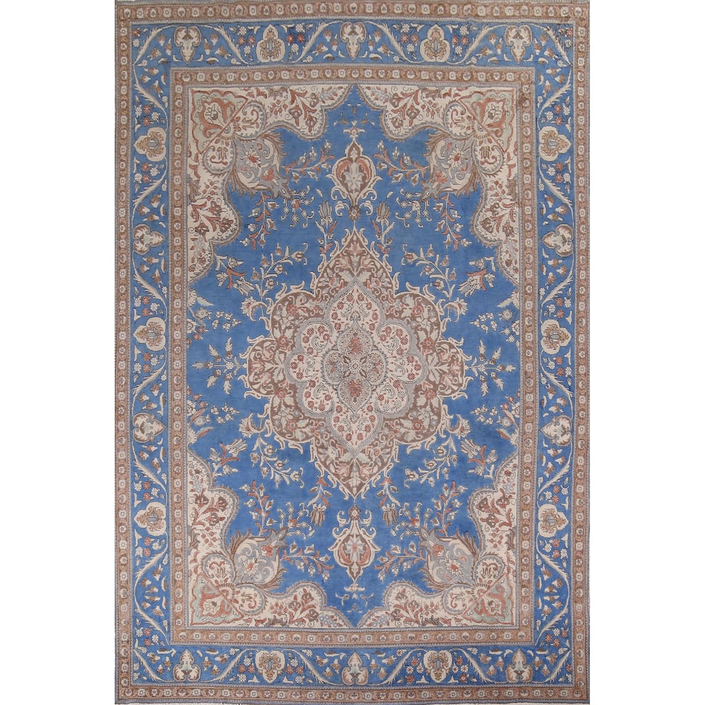 Blue Tabriz Vintage Persian Area Rug Handmade Floral Wool Carpet - 9'9" x 12'11"