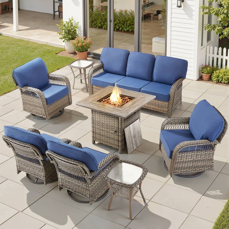 Pocassy Patio Outdoor Fire Table with Sofa Ottoman Swivel Chair Set. - Gray Wicker Blue Cushion - 8-Piece Sofa Swivel Chair Table w/ Fie Pit Table