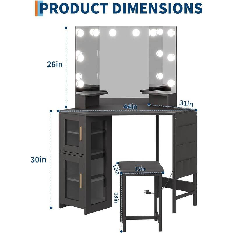 Corner Vanity Desk and Stool, Makeup Dressing Table Set with Light Bulbs Mirror