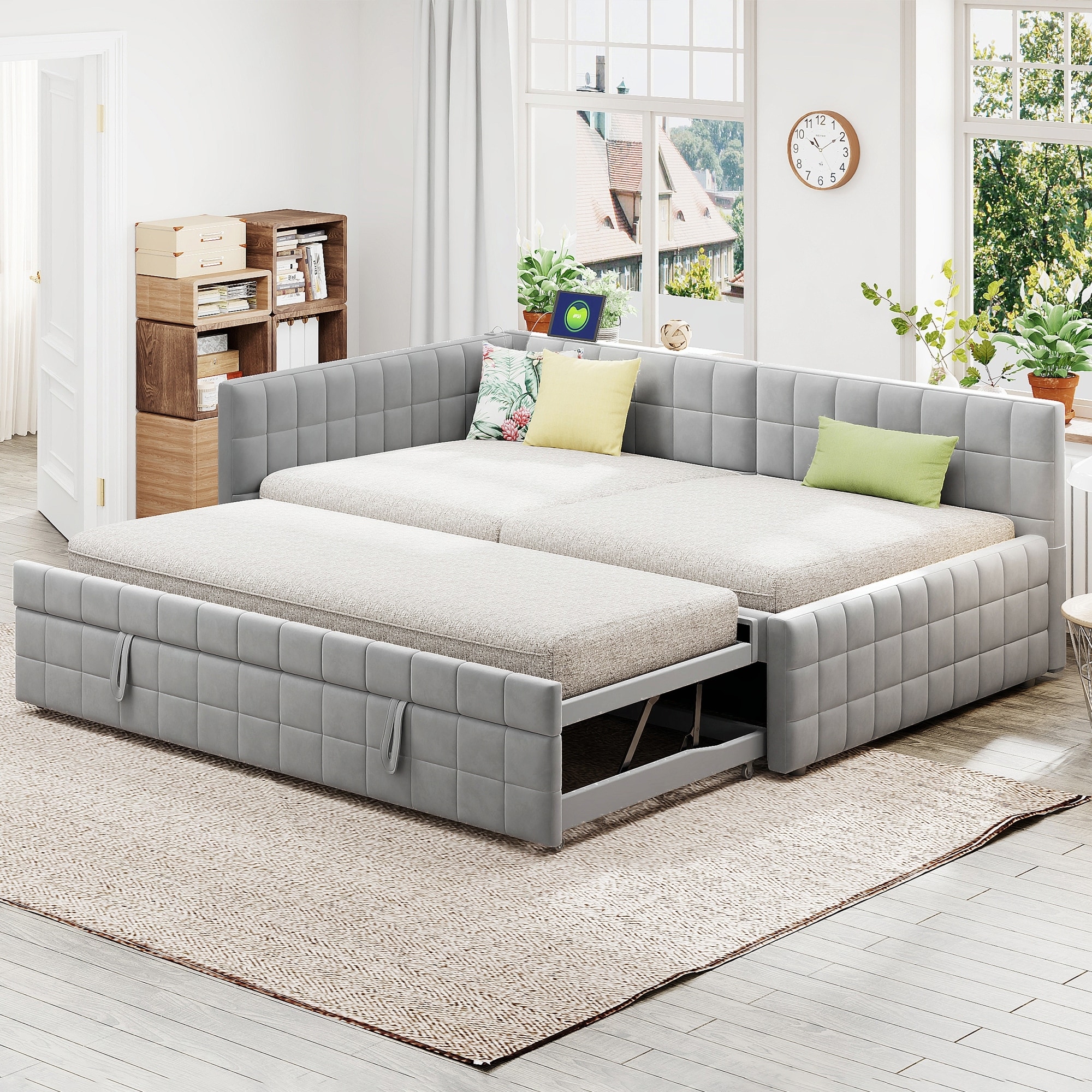 Full Size Upholstered L-Shaped Upholstered Daybed with Twin