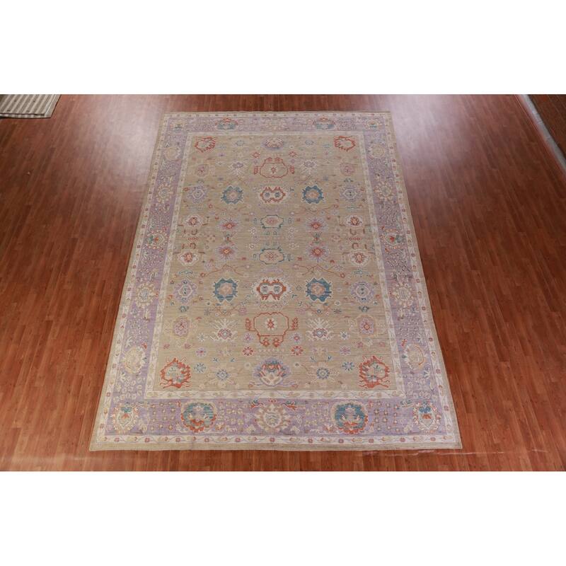 Hand Knotted Oriental 100% Wool Carpet Transitional All-Over Brown Oushak Area Rug - 14' 2'' X 9' 10''