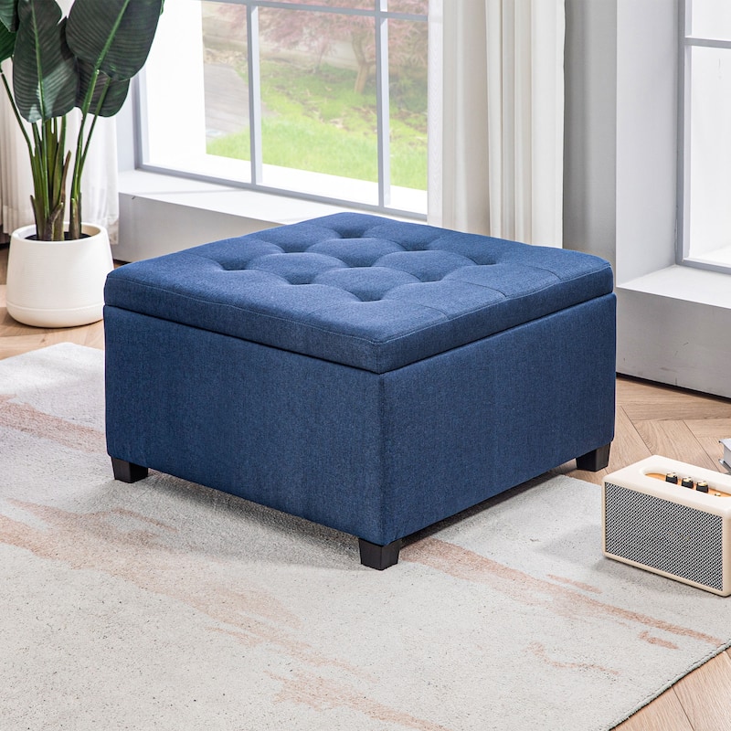Fabric Tufted Storage Ottoman with Flip Top Seat Lid, Metal Hinge and Stable Eucalyptus Wood Frame