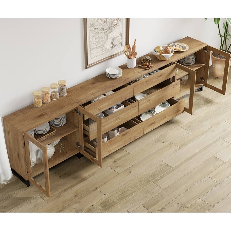 4 in 1 Modern Sideboard with Glass Doors and 6 Drawers Adjustable Shelves Coffee Bar Storage Cabinet for Living Room, Kitchen