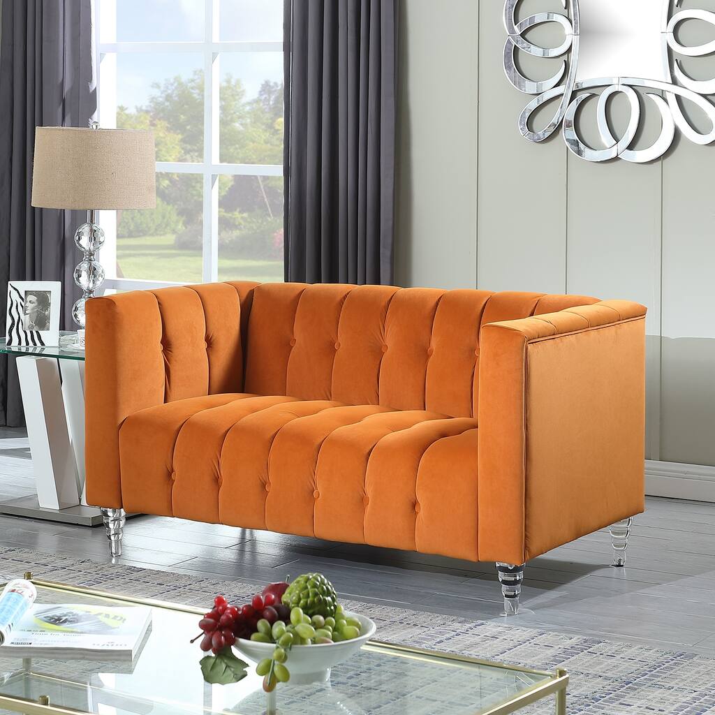 Modern Velvet Sofa Chesterfield Bench Sofa Living Room Loveseat Sofa Luxurious Plush Lines Decorate Sofa with Acrylic Leg