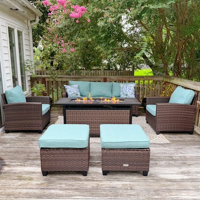 7/9-Seat Patio Furniture Wicker Rattan Outdoor High-back Sectional Sofa Conversation Set with Firepit Table