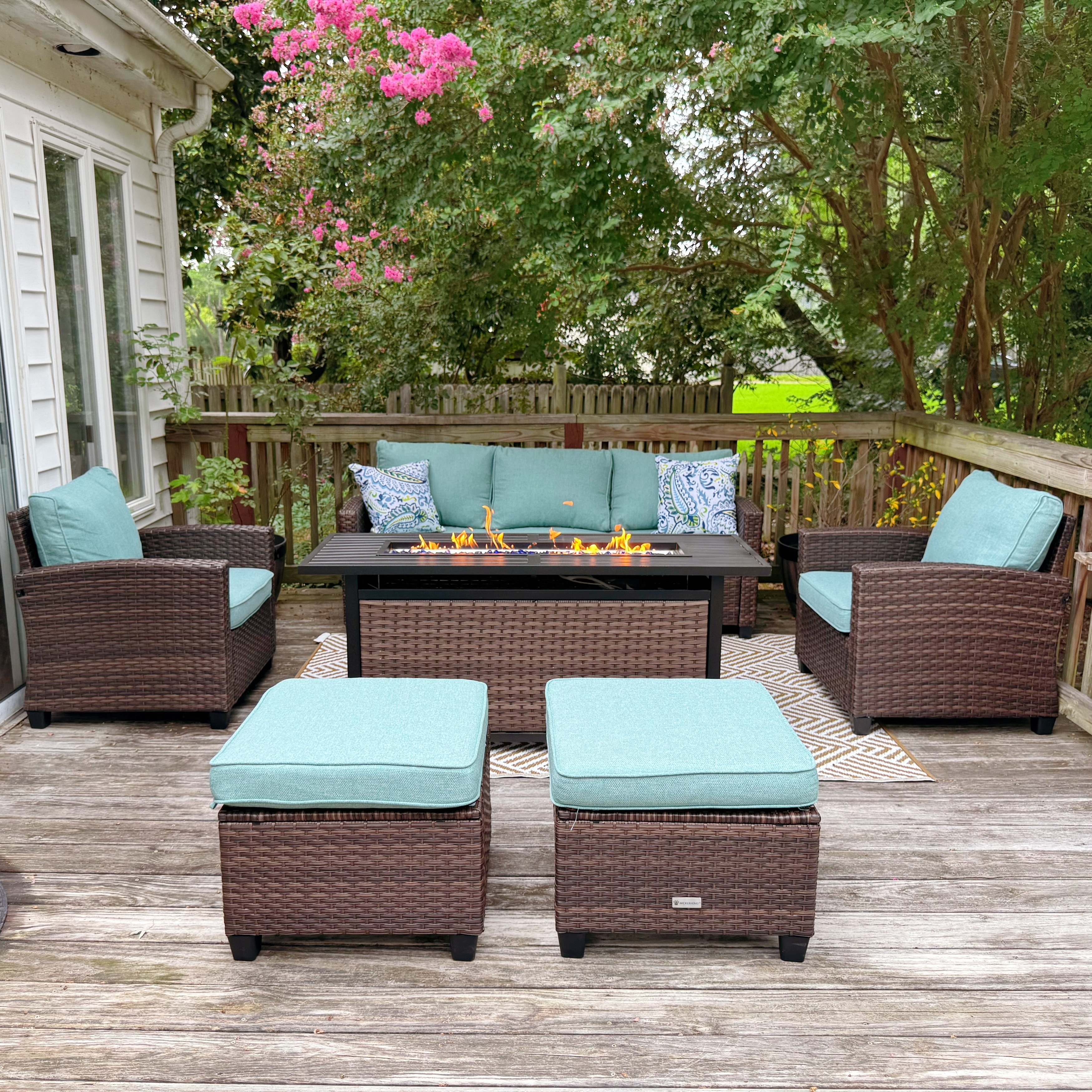 MAISON ARTS 7/9 Seats Patio Furniture Wicker Rattan Outdoor High-back Sectional Sofa Conversation Set with Firepit Table