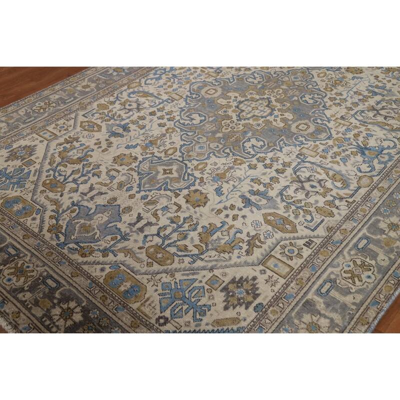 Hand Knotted Oriental 100% Wool Carpet Traditional Floral Beige & Ivories Tabriz Area Rug - 9' 7'' X 6' 6''