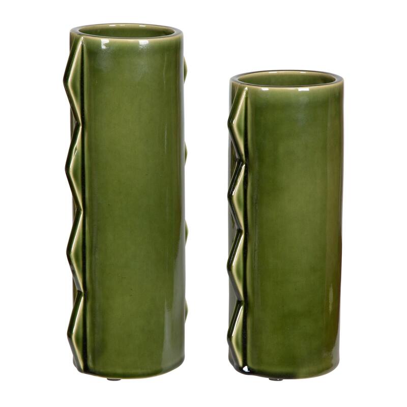 Zig-zag Edged Cylindrical Glass Vases - 14" - Set of 2