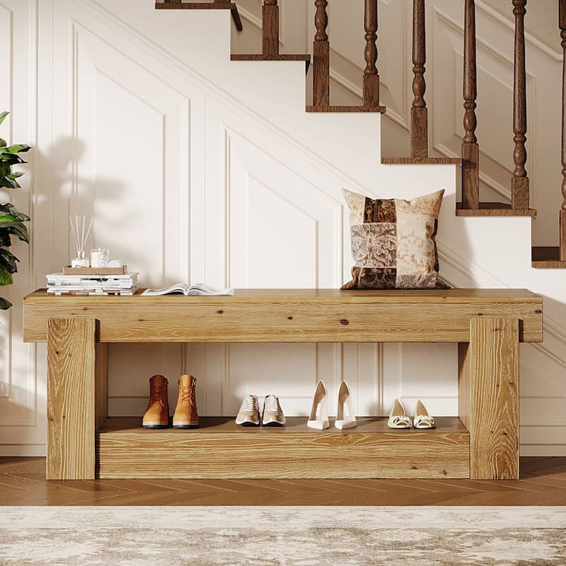 63 Inch Solid Wood Entryway Bench with Storage Shelves, 2-Tier Shoe Rack Bench, Farmhouse Storage Bench For Bedroom End of Bed