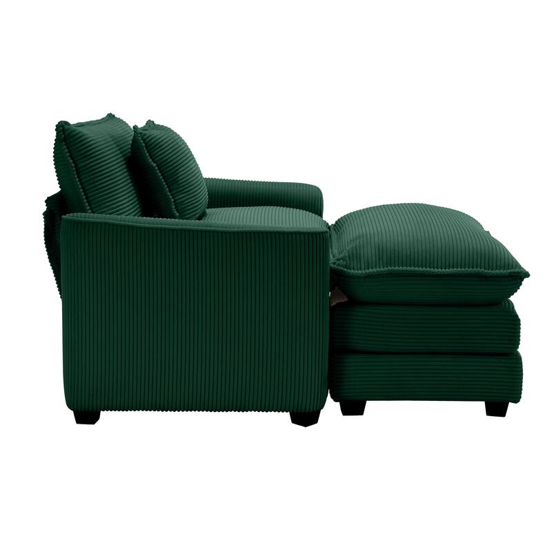 Corduroy Fabric Deep Seat Sofa with Ottoman, Single Deep Seat Accent Sofa Chair with Pillow for Livingroom