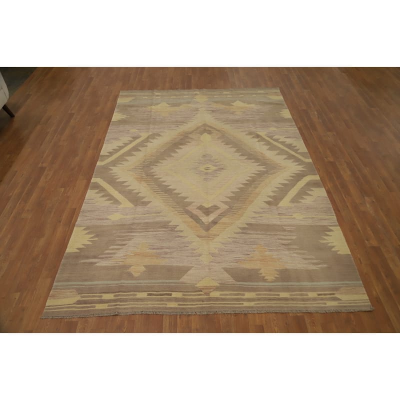 Hand Woven Oriental 100% Wool Carpet Southwestern Tribal Multi-Colored Kilim Area Rug - 9' 9'' X 6' 7''