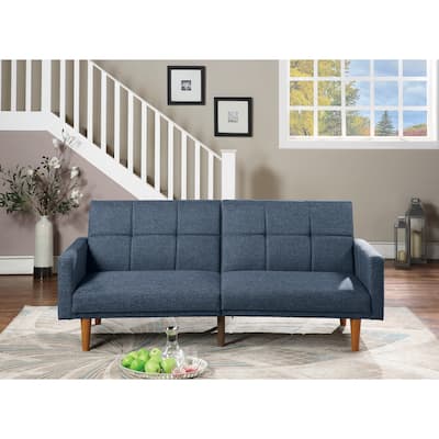 Navy Polyfiber Convertible Bed Sofa with Tufted Cushion and Wooden Legs