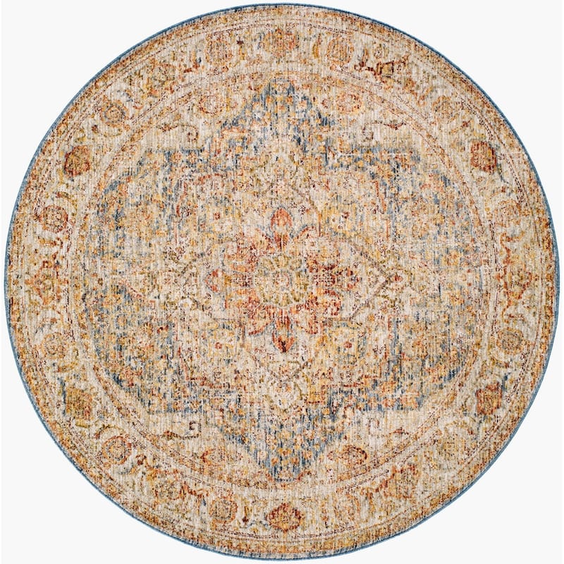 Livabliss Traditional Naila Medallion Area Rug - 5'3" x 5'3" Round - Blue/Rust