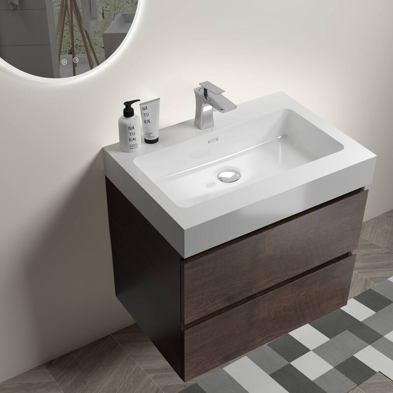 Floating Bathroom Vanity with Rosewood Finish, Glossy White Basin, Silent Soft-Closing Drawers - 24in L Melamine