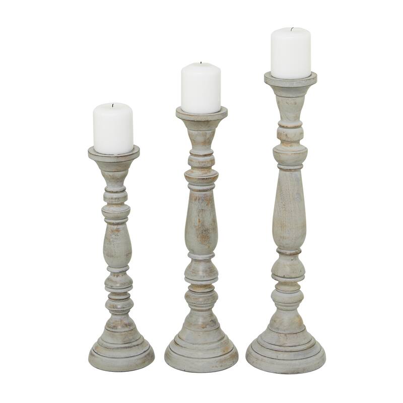 Mango Wood Handmade Tall Turned Decorative Candle Holder - Set of 3 Brown or Gray - Roche River Decor - Gray - 23", 21", 18"H