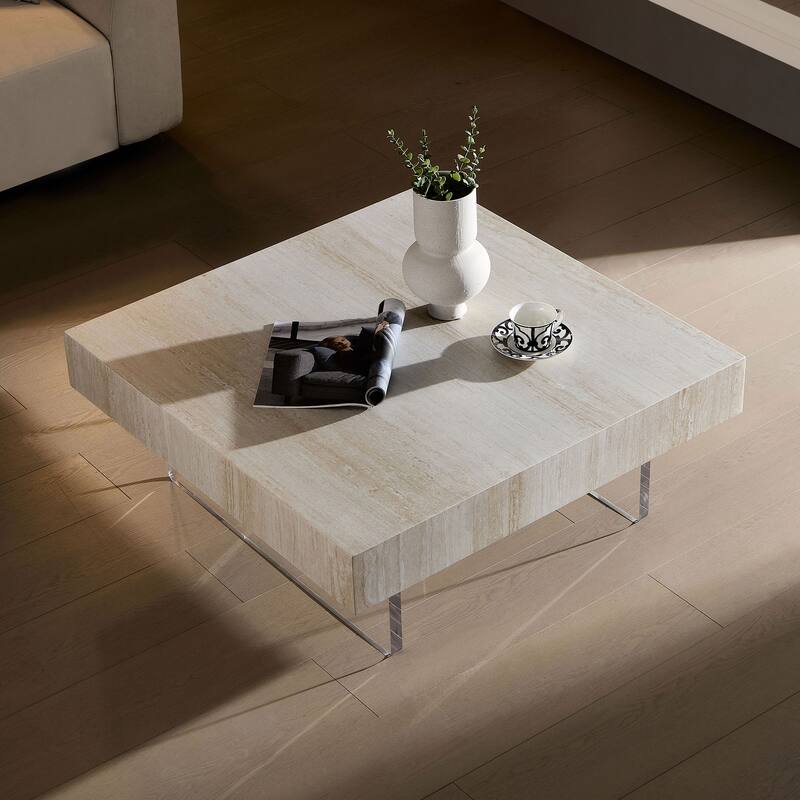 34.65''Square Faux Travertine Pattern Coffee Table,Mdf Table,Modern Design Coffee Table With Acrylic Legs