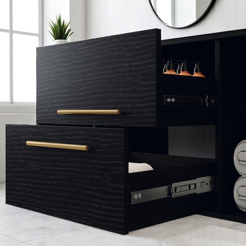 Modern Wall-Mounted Bathroom Vanity with Oval Ceramic Sink, Solid Wood Floating Cabinet, Soft-Close Storage