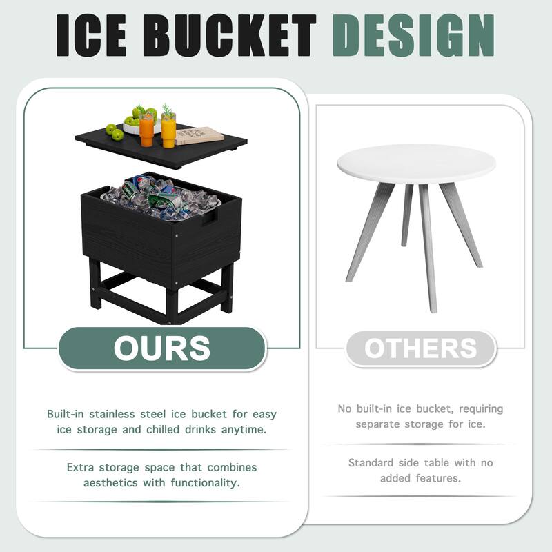 Outdoor Patio Weather Resistant HDPE Coffee & Side Table, Build-in Stainless Steel Cooler Bucket