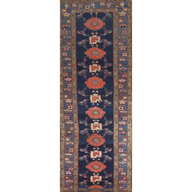 Hand Knotted Oriental 100% Wool Carpet Traditional Floral Navy Blue & Blues Heriz Runner Rug - 14' 9'' X 3' 9''