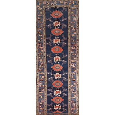 Hand Knotted Oriental 100% Wool Carpet Traditional Floral Navy Blue & Blues Heriz Runner Rug - 14' 9'' X 3' 9''