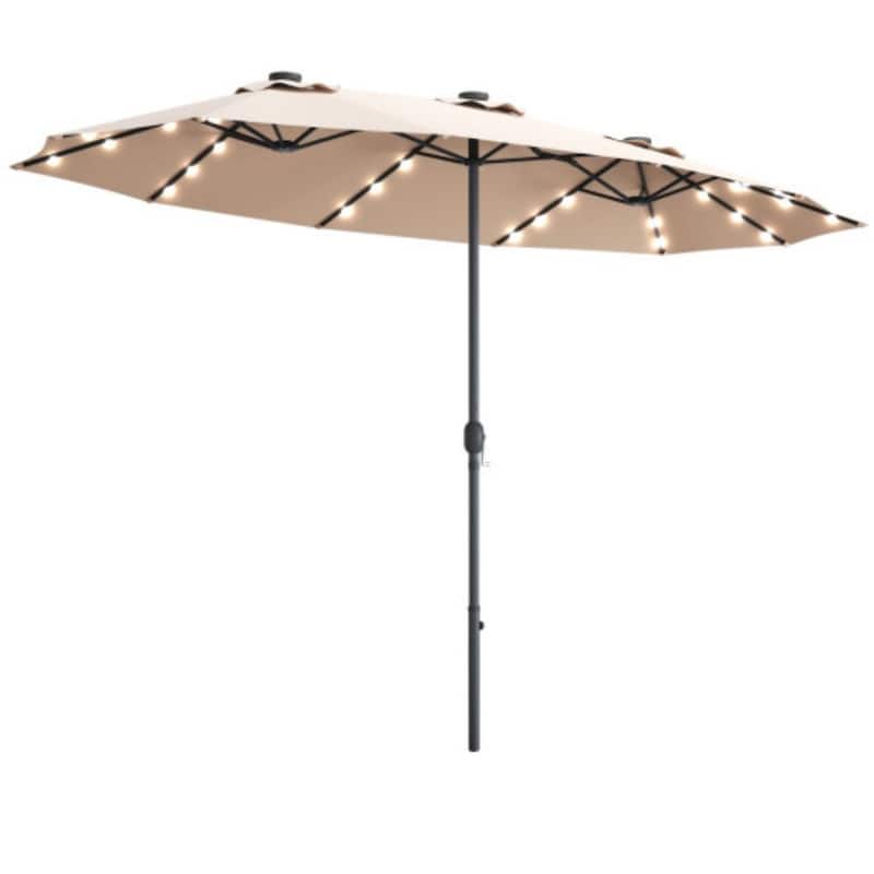15 Ft Patio LED Crank Solar Powered 36 Lights Umbrella - 15 Ft x 8 Ft (W x H) - Beige