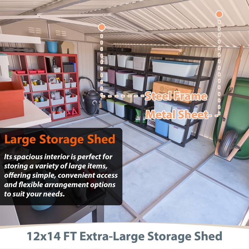 GDFStudio - Cassandra Large Outdoor Metal Storage Shed with Lockable Doors for Secure Vehicle and Equipment Storage