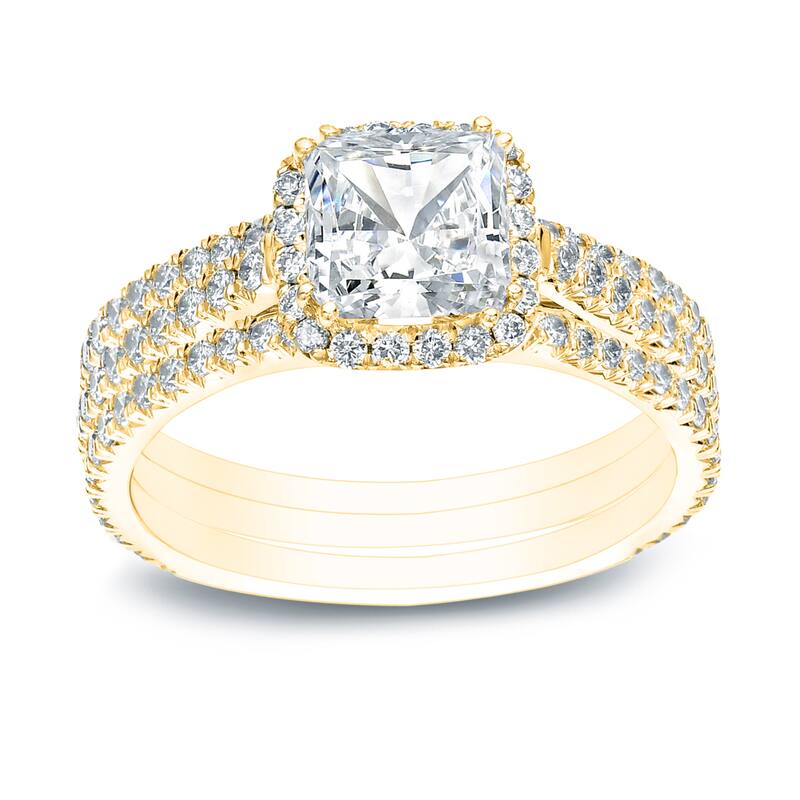 Auriya 14k Gold 2 1/6ctw Cushion Cut Halo Diamond Engagement Ring Set Certified - Yellow - 6