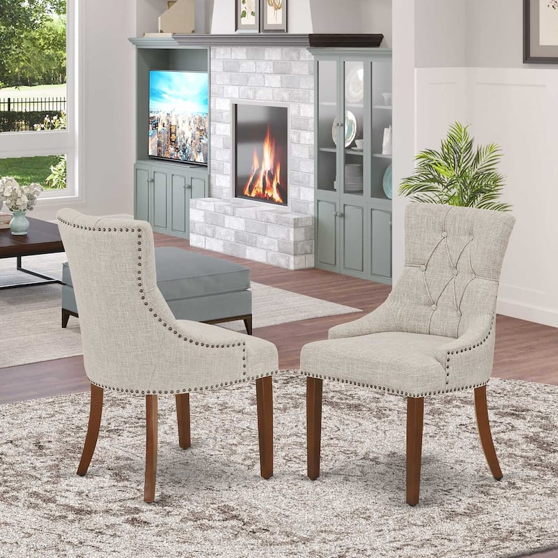 Parson Chair Linen Fabric Dining Chair Mahogany Legs Comfortable Upholstered Accent Chair Set of 2