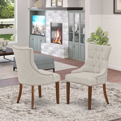 Parson Chair Linen Fabric Dining Chair Mahogany Legs Comfortable Upholstered Accent Chair Set of 2