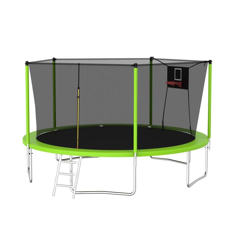 14FT Outdoor Trampoline with Safety Net and Ladder, Heavy Duty Fitness Trampoline for Kids and Adults - Green - 14FT