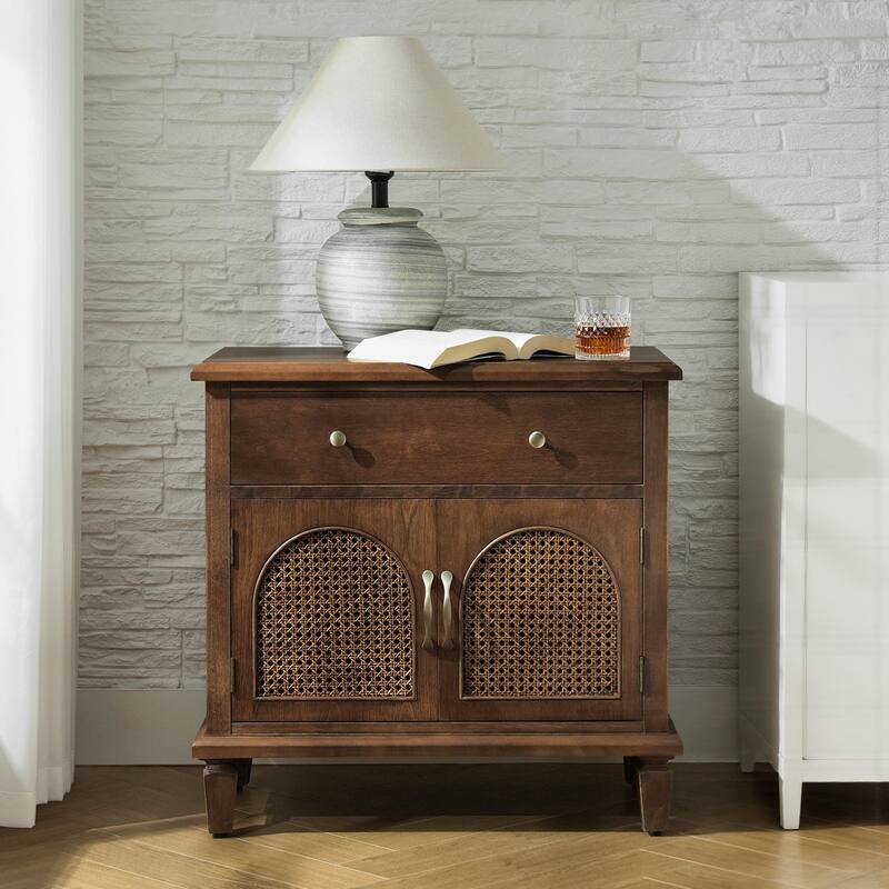 Georg Traditional 2-Faux rattan-Door End Table with Built-in Power Outlet and Adjustable Shelf by HULALA HOME