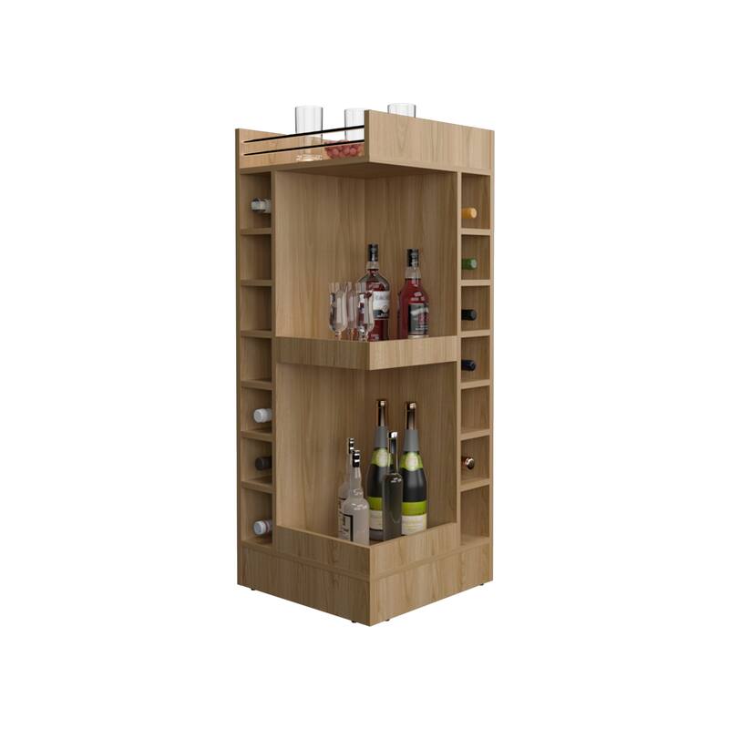 Modern Corner Bar Cabinet with Open Shelves and Wine Rack, Space-Saving Liquor Storage Solution - Oak