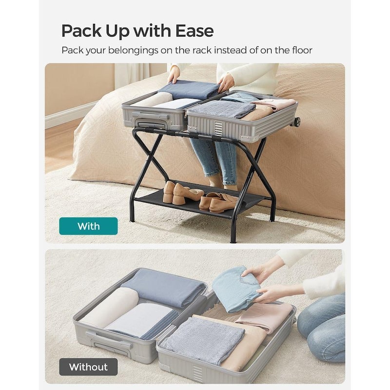 Black 2 Pack Steel Foldable Luggage Rack with Lower Shelf for Guest Room or Hotel Use - 27.2” L x 15” W x 20.5” H