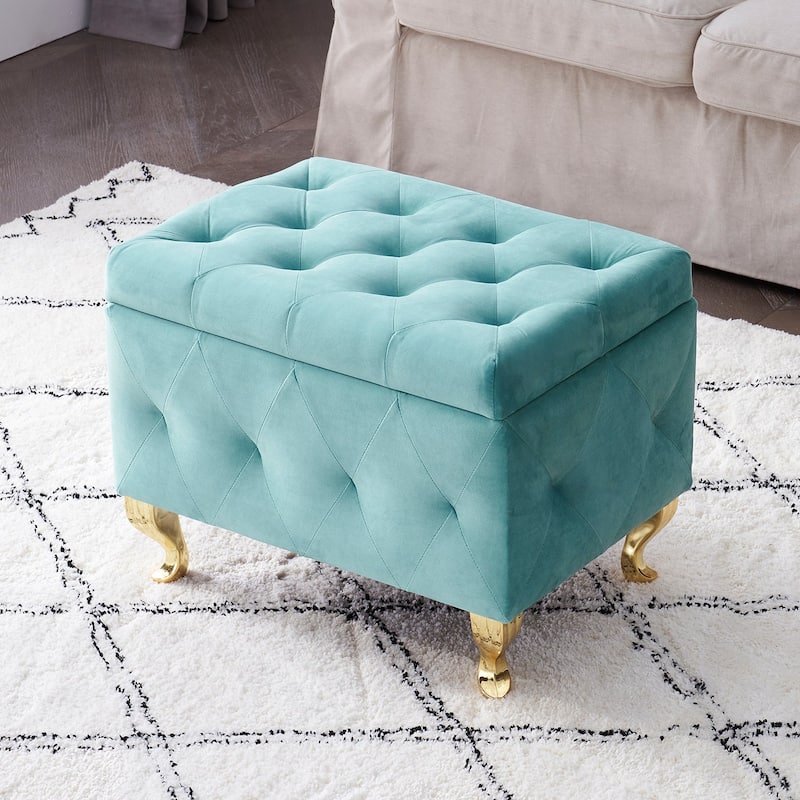 Button-tufted Storage Footrest Bench, light blue