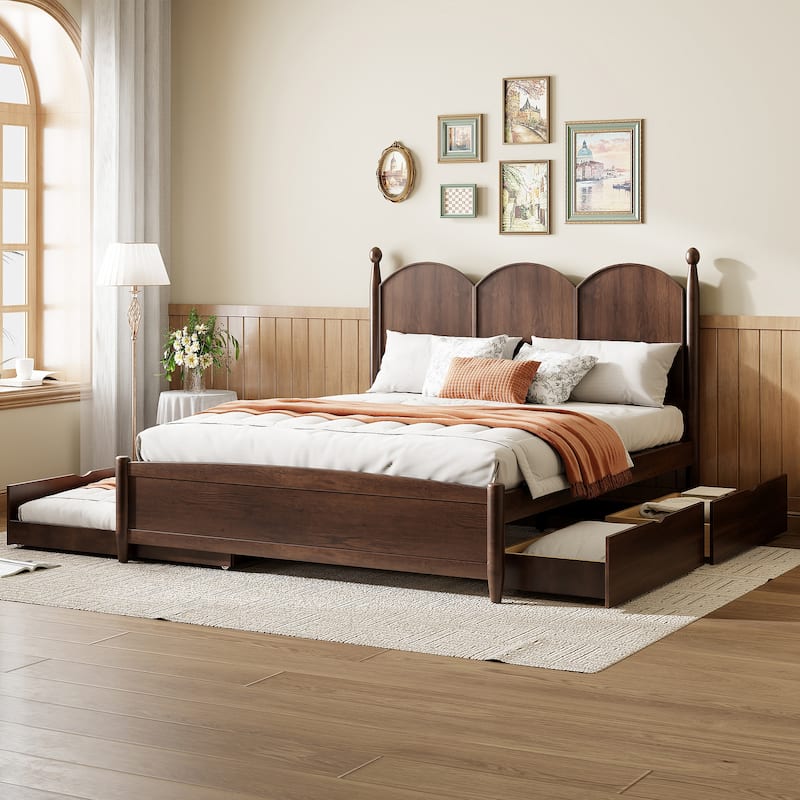 Queen Size Bed Frame with Twin XL Size Trundle and 2 Big Drawers, Wooden Platform Bed with Headboard and Slats Support - Walnut
