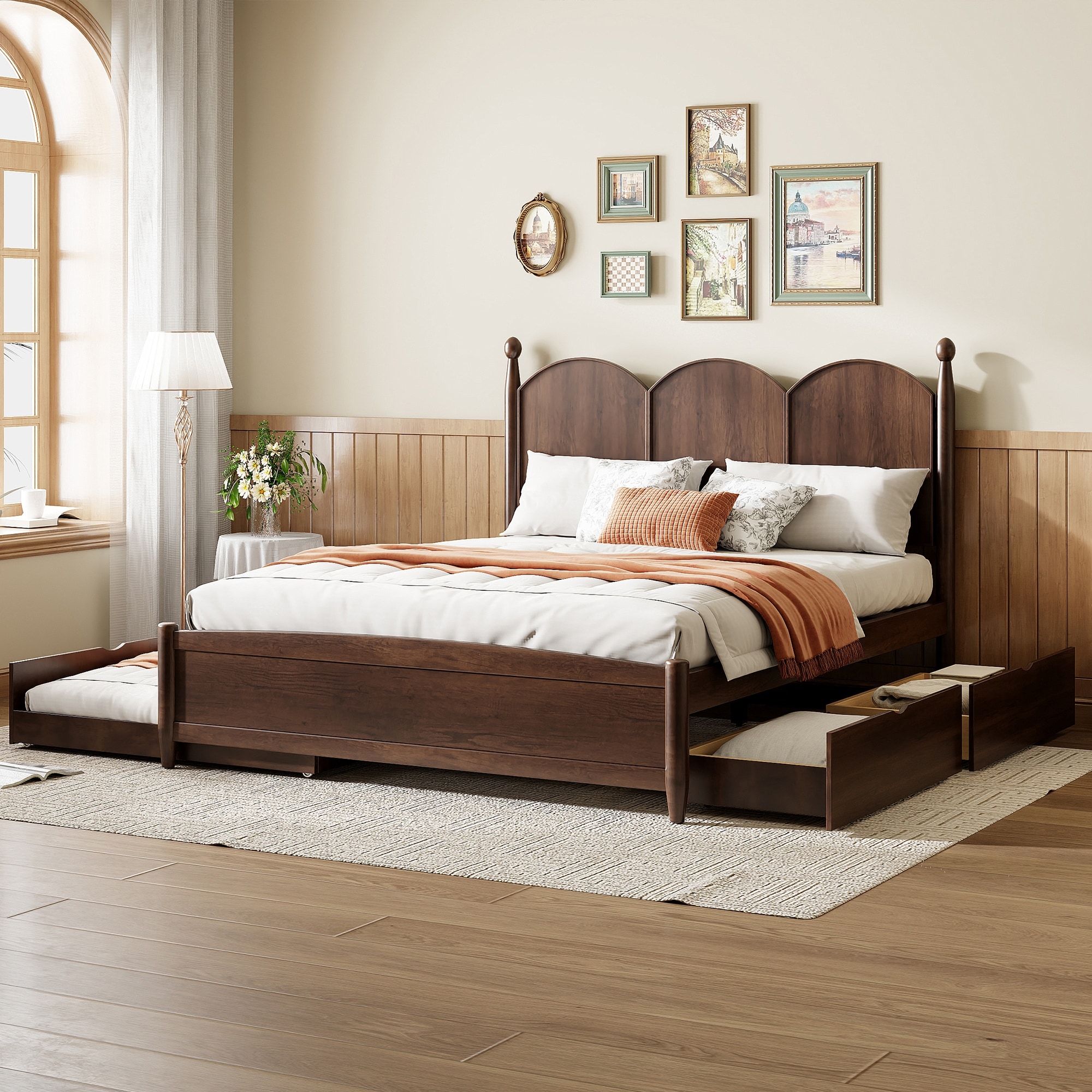 Queen Size Platform Bed With with 2 Big Drawers, Twin XL Size Trundle, Walnut