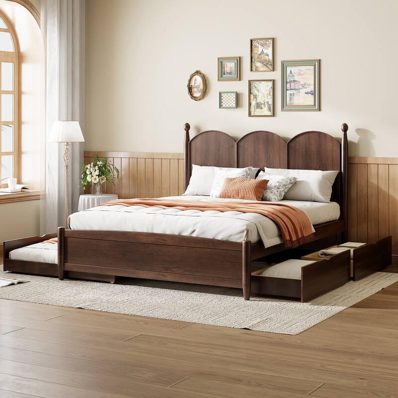 Queen Size Wood Platform Bed with 2 Drawers and Twin XL Trundle, Solid Wood Queen Bed Frame with Headboard, Wood Slats Support