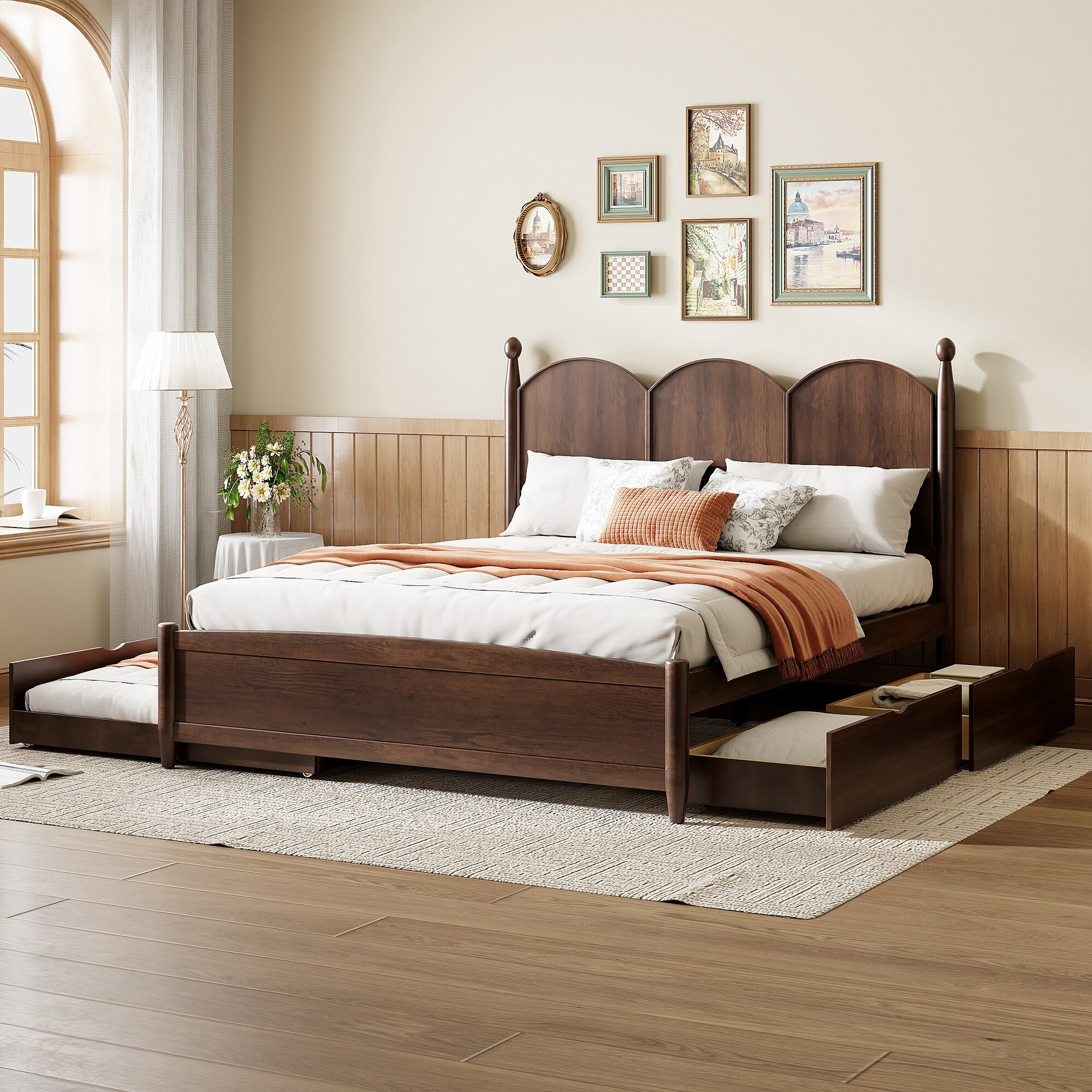Walnut Classic Queen Bed with 2 Big Drawers, Platform Bed with