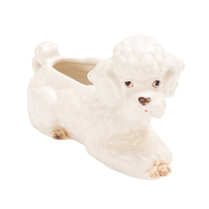Vintage Reproduction Poodle Planter in Hand-Painted Stoneware - 8.0"L x 6.0"W x 5.5"H - White