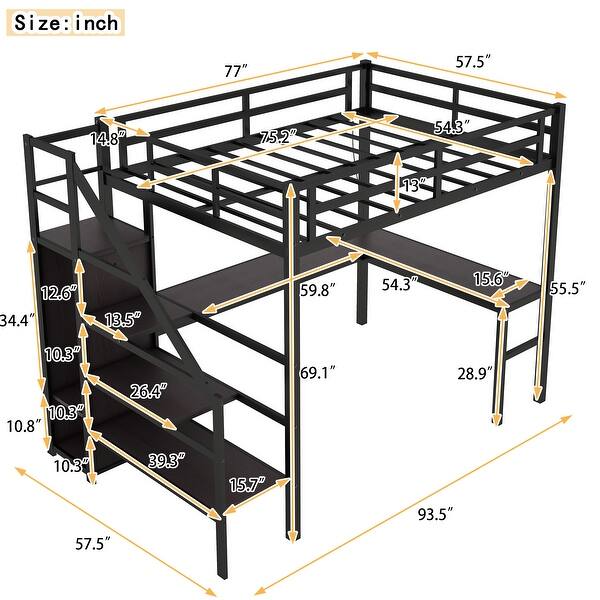 Luxury Full Size Loft Bed with L-shaped Desk and USB, Metal Loft Bed with Wardrobe, Adjustable Shelf & LED, Black